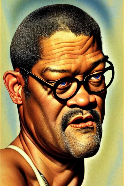 Prompt: laurence fishburne by gil elvgren and norman rockwell and rob gonsalves and hajime sorayama, hyperrealistic, high detail, ultra detailed, highly detailed face, ruffled fabric