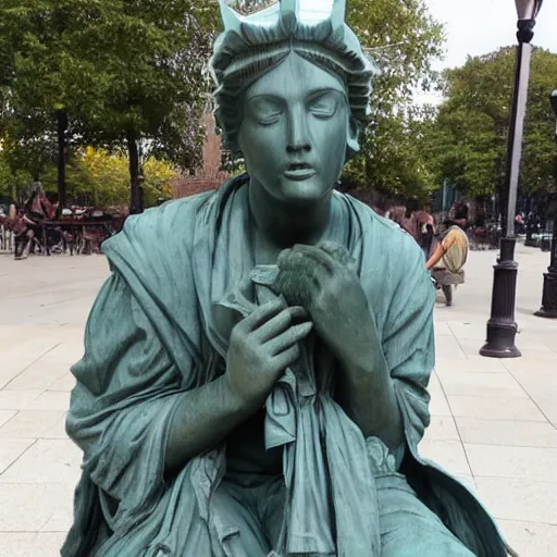 Prompt: liberty statue sitdown and tired , very convincing