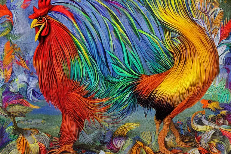 Image similar to illustration of a rooster with feathers of many colors, by karl wilhelm de hamilton and liam cobb, lively colors, portrait, sharp focus, colored feathers