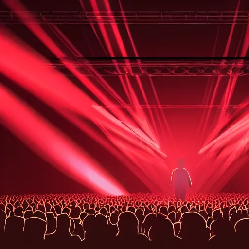 Image similar to a lone singer on stage, with spotlight beam, huge crowd in audience, facing stage, zoom lens, ultra realistic, artstation, dramatic lighting, album