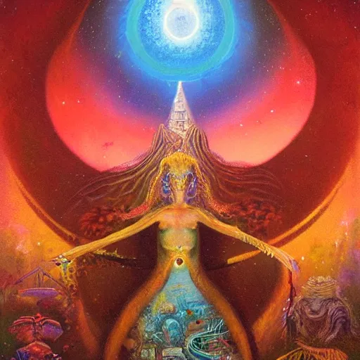 Image similar to the sacred goddess, hermetic, occult, surreal, hidden knowledge by Paul Lehr, Karl Kopinski, Ayahuasca'