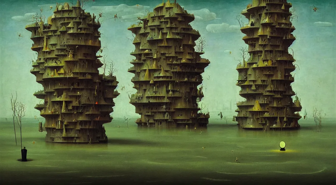 Image similar to single flooded simple!! hive tower anatomy, very coherent and colorful high contrast masterpiece by franz sedlacek hieronymus bosch dean ellis simon stalenhag rene magritte gediminas pranckevicius, dark shadows, sunny day, hard lighting