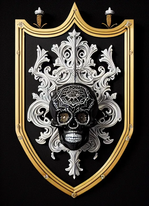 Prompt: black background, a beautiful symmetrical skull on a wooden shield, front facing view, mirrored, ornamental art, octane render, royal shield