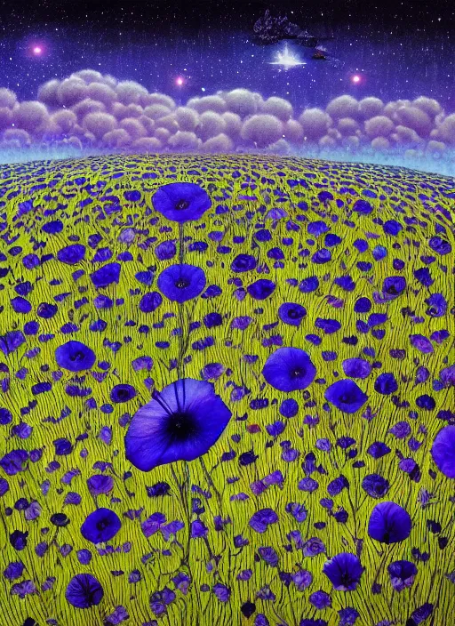 Image similar to detailed, intricate blue black and purple papaverum flower on the field, nebula, galaxy in the sky, winning award masterpiece, fantastically beautiful, illustration, aestheticly inspired, jacek yerka, upscale with anguissola sofonisba work, artstation, 8 k