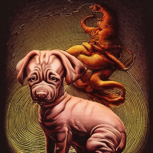 Prompt: a puppy, bloated, fluid, smooth, organic, crazy, bright, colours, tumours, high contrast, sharpness, dramatic, very detailed, intricate, by giger and corben and moebius and beksinski and bosch and bacon and dali