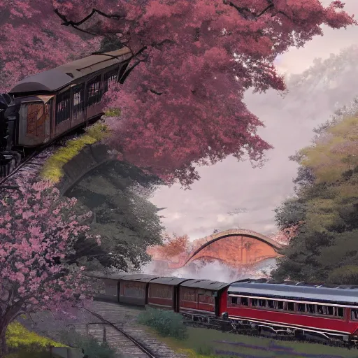 Image similar to concept art painting of a historic transverse view of a steam train, the train carries a cherry tree in flower, realistic, detailed, cel shaded, in the style of makoto shinkai and greg rutkowski and james gurney