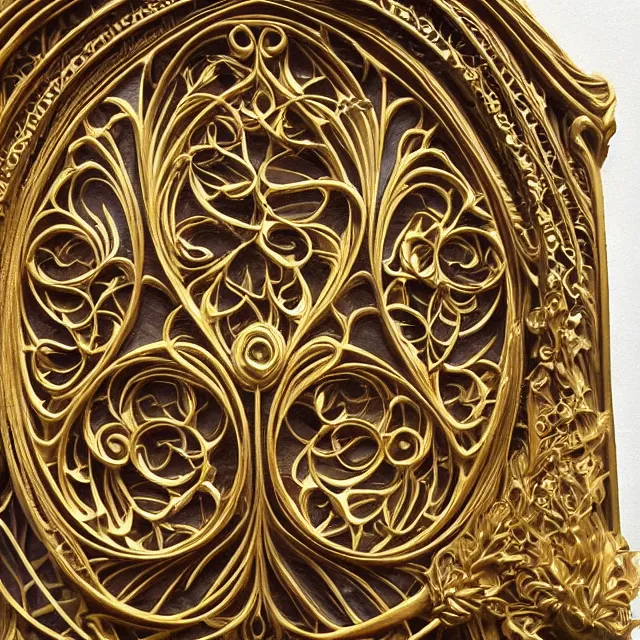 Image similar to a 3 d golden art nouveau carved sculpture of a delicate tracery pattern, intricate and highly detailed, well - lit, ornate, realistic, polished with gold leaf