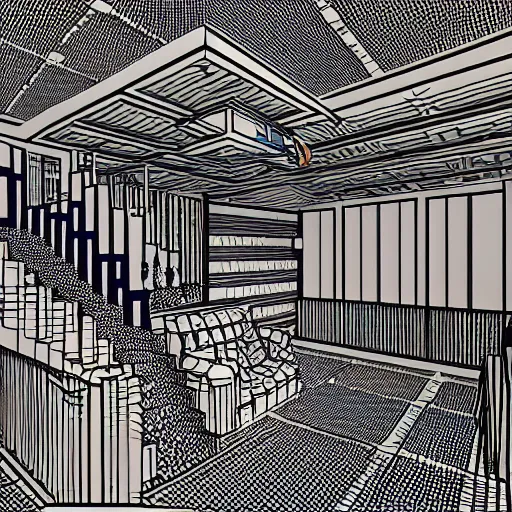 Prompt: a drawing of a room with a staircase, a computer rendering by howard arkley, cg society contest winner, psychedelic art, isometric, voxel art, vaporwave