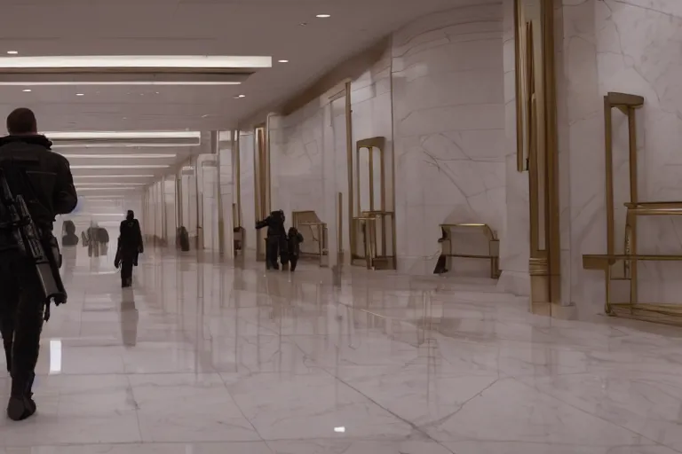 Prompt: Bank interior elegant bank fancy white marble flooring reflective gold accents. blade runner 2049 movie still. man facing camera red motorcycle jacket carrying duffle bag holding shotgun tactical. 2019 movie still 35mm wide angle lens