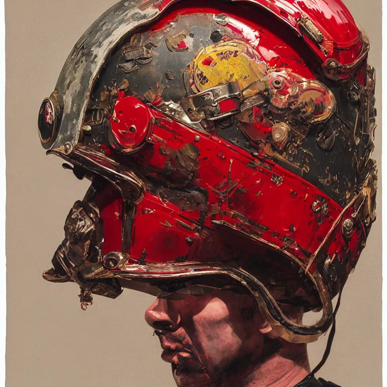 Image similar to portrait of a third reich soldier in ornate motorcycle dirt helmet in a helmet background red plastic bag, circuitboard,, rich deep colors, ultra detail, by francis bacon, james ginn, petra courtright, jenny saville, gerhard richter, zdzisaw beksinsk, takato yamamoto. masterpiece, elegant fashion studio ighting 3 5 mm