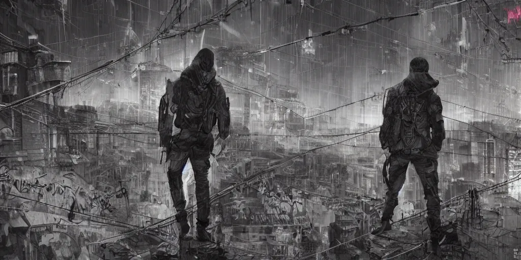 Image similar to cinematic shots of teenagers with tactical clothing and hoods hanging from wires on top of the capitol building covered with giant graffitis, dystopian future, industries in ruins, sci - fi, night lights, haze, concept art, intricate, in the style of katsuhiro otomo, akira, unreal engine