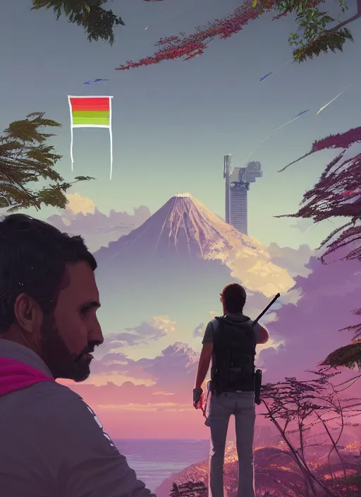 Image similar to highly detailed portrait justin trudeau in ( ( pink hoody rainbow socks ) ) holding ar - 1 5! ( setting costa rica ) in gta v stephen bliss unreal engine fantasy art by greg rutkowski loish rhads ferdinand knab makoto shinkai lois van baarle ilya kuvshinov rossdraws tom bagshaw global illumination radiant light detailed intricate environment