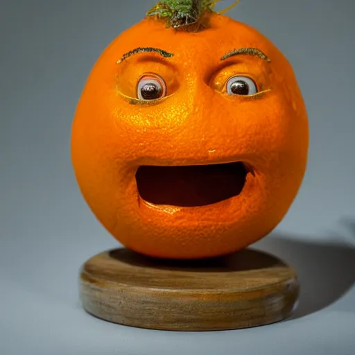 Image similar to a taxidermized annoying orange. in a museum. 8 5 mm lens. 7 0 mm entrance pupil diameter