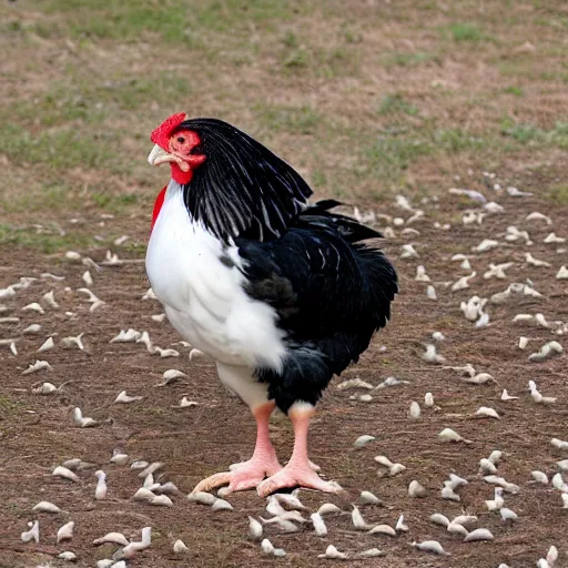 Prompt: a newly discovered breed of chicken with black feathers that is spotted with small very distinct white hearts!!!