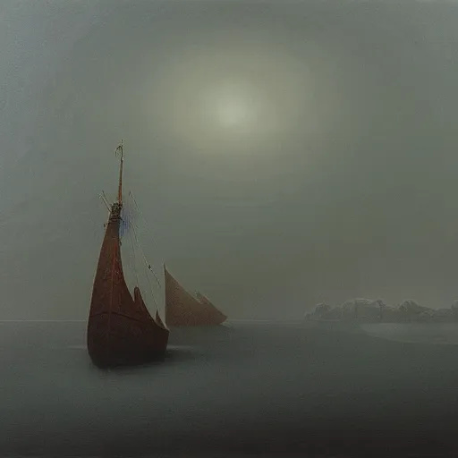 Image similar to an ice ship by Zdzisław Beksiński, oil on canvas