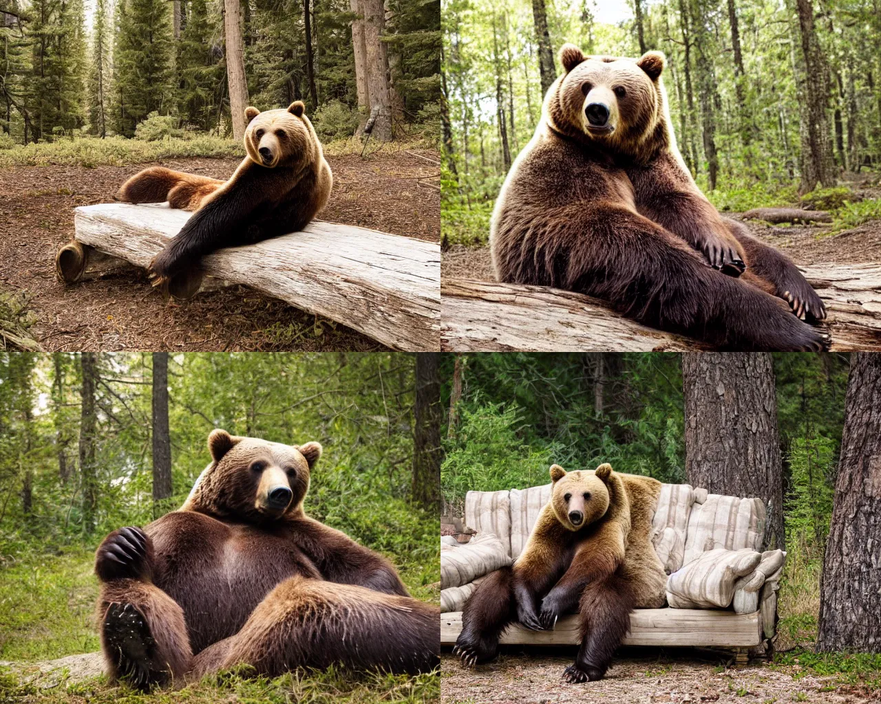 Prompt: a grizzly bear sitting in a couch in the woods, tame bear, outdoor furniture, large animal in a couch, professional photo, natural lighting, high contrast, f/22, 35mm