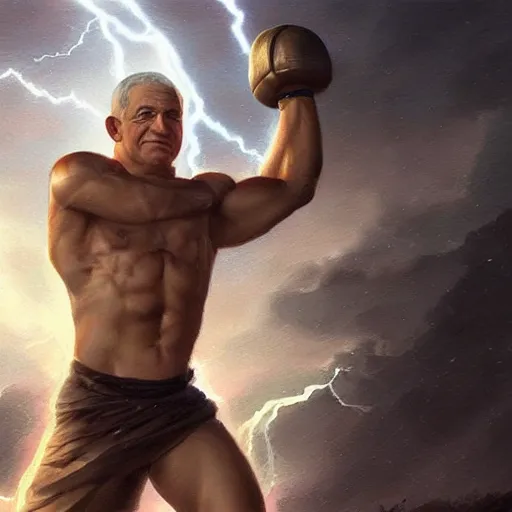 Image similar to benjamin netanyahu as a buff greek god of lightning, shooting lightning bolts from hands, highly detailed, ultra clear, by artgerm and greg rutkowski