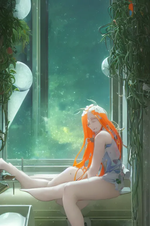 Image similar to a girl with long white hair lying in a bathroom bath at afternoon, plants, astronomical telescope, green and orange theme by krenz cushart and mucha and makoto shinkai and akihito yoshida and greg rutkowski, 4 k resolution