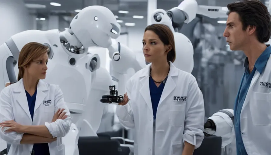 Image similar to big budget action movie about female scientist confronts male ceo about robot photographs