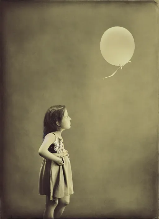 Image similar to little girl looks at a balloon that flies away, fine art portrait photography by Sarah Moon