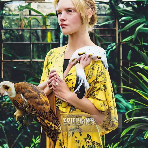 Prompt: head to shoulder portrait Polaroid photograph of an elegant top model wearing a yellow kimono with a very detailed barn owl on her shoulder!!! in a tropical greenhouse. looking at the camera!!. super resolution. 85 mm f1.8 lens.bokeh. art by Alessio albi and ashley wood and Edmund Blair Leighton ! -