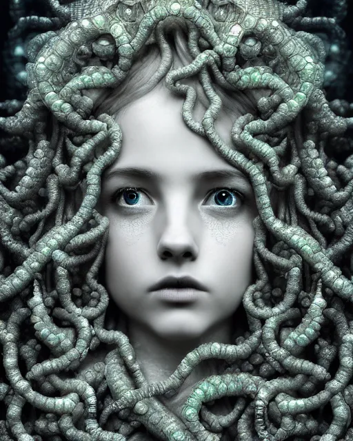 Image similar to surreal mythical dreamy underwater artistic bw photo of a beautiful young female angelic - medusa - cyborg covered with fish scales and algae, highly detailed, intricate crystal ivy jelly fish scales ornate, poetic, octane render, 8 k, photo - realistic, in the style of gustave dore and preraphaelites