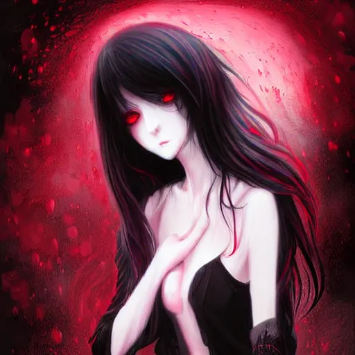 Prompt: beautiful seductive female ghost, in the rain, highly detailed, painting, dark red and black color palette, intricate, high quality 3 d anime artstyle, in the style of sana takeda