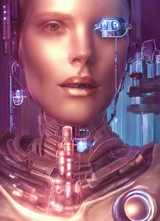 Prompt: cyberpunk,sci-fi, fantasy,Kodak Portra 400, 8K, soft light, volumetric lighting, highly detailed, britt marling style 3/4 ,portrait photo of a beautiful cyborg robot woman in a chemical laboratory + face, intricate, elegant, highly detailed, digital painting, artstation, concept art, smooth, sharp focus, illustration,art by artgerm and greg rutkowski and alphonse mucha