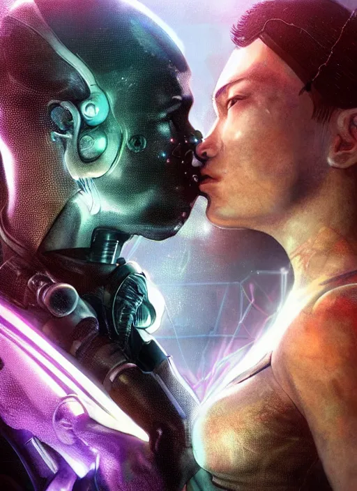 Image similar to cyberpunk, sci - fi, fantasy, ultra realistic medium shot of a couple of cyborgs kissing, lovers, joined by cables, backlight, led, unreal engine, octane render, soft light, night, highly detailed, digital painting, concept art, sharp focus, illustration, art by artgerm and greg rutkowski and alphonse mucha