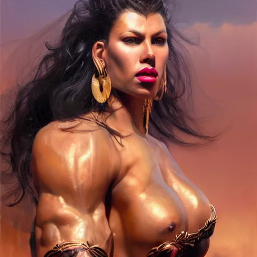 Image similar to detailed oil portrait of tall hyper - muscular shining bronze - skinned warrior woman with silver eyes, full body, with long wavy flowing black hair and big gold earrings, jewelry, red lipstick, makeup, feminine, volumetric lighting, dynamic composition, art by boris vallejo and sachin teng and sergey kolesov and ruan jia and heng z, scifi, concept art