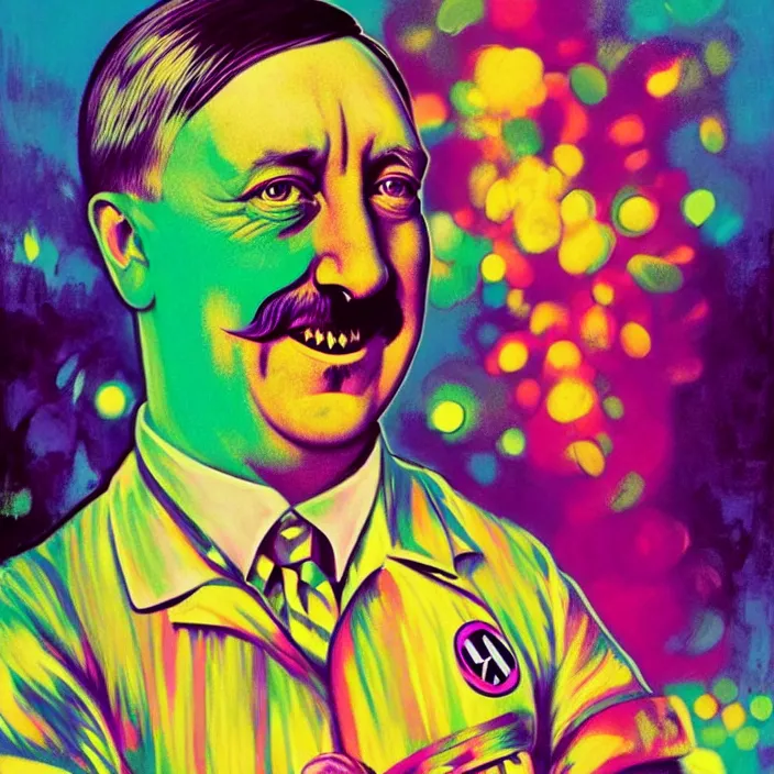 Image similar to bright psychedelic portrait of cute adolf hitler having fun at a pool party, diffuse lighting, fantasy, intricate, elegant, highly detailed, lifelike, photorealistic, digital painting, artstation, illustration, concept art, smooth, sharp focus, art by John Collier and Albert Aublet and Krenz Cushart and Artem Demura and Alphonse Mucha
