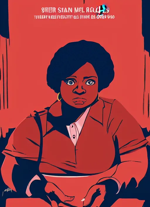 Image similar to poster artwork by James Jean and Tomer Hanuka, of Octavia Spencer has a mysterious man's voice in her hear who lives in a resort, psychological thriller film scene from scene from Twin Peaks, clean, simple illustration, nostalgic, domestic, full of details