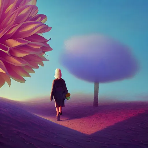 Prompt: closeup giant dahlia flower head, girl walking between dunes, surreal photography, sunrise, blue sky, dramatic light, impressionist painting, digital painting, artstation, simon stalenhag