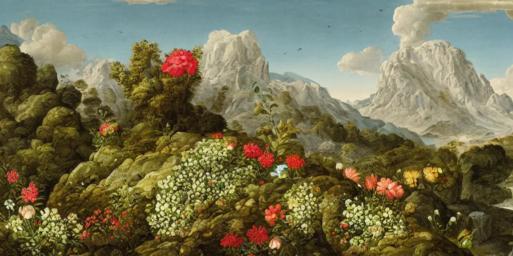 Image similar to mountain landscape with many flowers, by mahmoud sai and maria sibylla merian, intricate, sharp focus, detailed, lively colors, sky, water