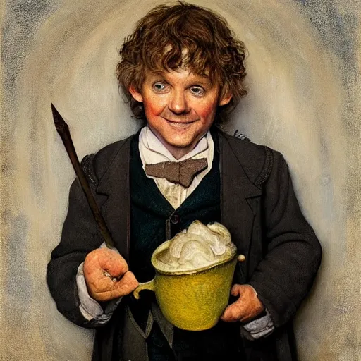 Prompt: bilbo baggins gets on instagram, realistic oil painting, style of norman rockwell, 8 k, super sharp, ultra detail, rule of thirds.