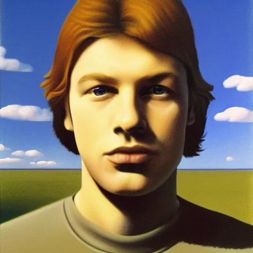 Prompt: painting of a young david gilmour by rene magritte, hd, 4 k, detailed, award winning