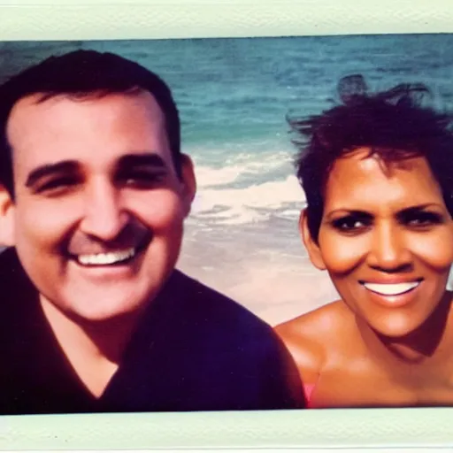 Image similar to found polaroid of my parents at beach, who look exactly like Halle Berry and Ted Cruz