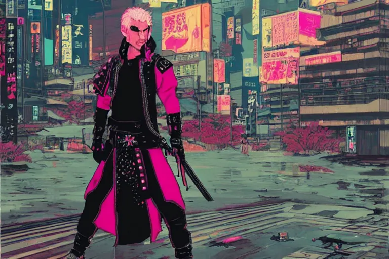 Image similar to punk leather samurai with pink hair. tokyo can be seen in the distance. art in the style of vincent di fate's cyberpunk 2 0 2 0.