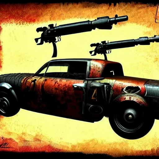 Image similar to madmax gangster vintage car supercharger and guns, artstation, fantasy