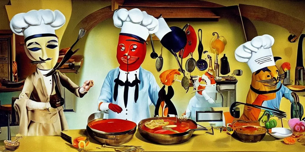 Image similar to anthropomorphic cats chef cooking a delicious colorful soup on TV show, by Salvador Dali