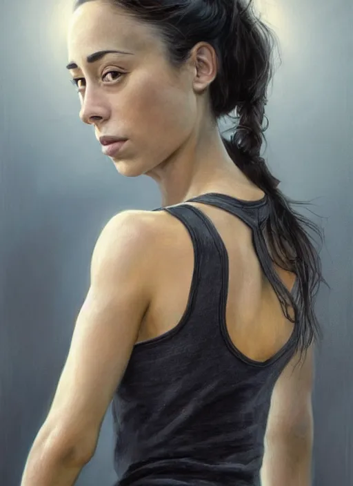 Image similar to full length photo of a suffering Oona Chaplin in a tanktop in the style of stefan kostic, not realistic, sharp focus, 8k high definition, insanely detailed, intricate, elegant, art by stanley lau and artgerm