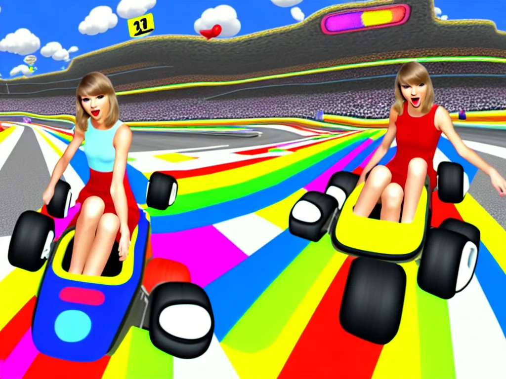 Image similar to taylor swift on rainbow road mario kart wii map retro