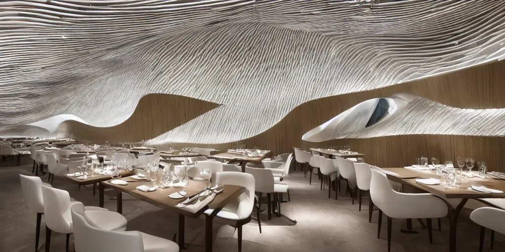 Prompt: interior of a restaurant designed by zaha hadid, architecture, interior design, photography