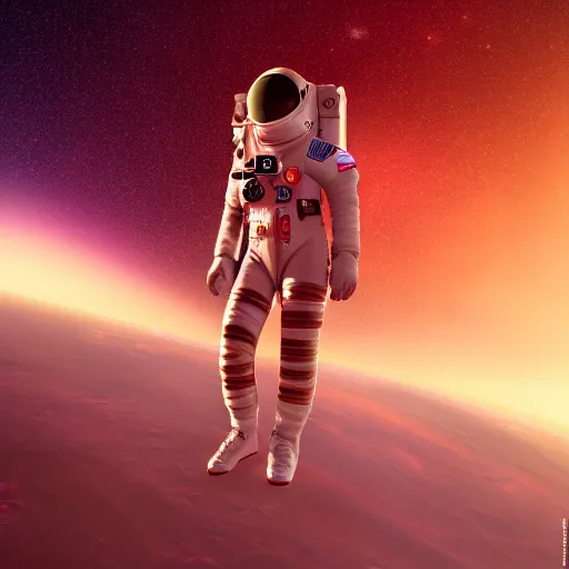 Image similar to A wide-angle shot from below of a female astronaut with an athletic feminine body walking with swagger toward camera on Mars in an infinite universe, synthwave digital art