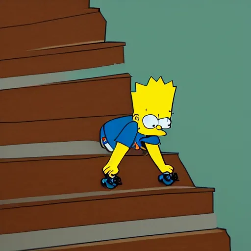 Image similar to A boy, ((Bart Simpson)), skateboarding down a flight of stairs at home, digital art, 4K, 8K