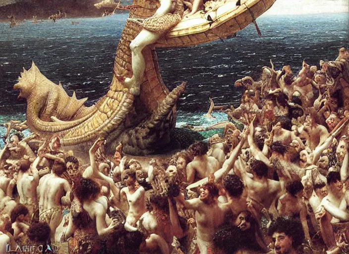 Prompt: the raft of the medusa with godzilla standing in the water, painting by lawrance alma - tadema