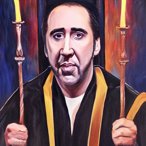 Image similar to gorgeous painting of nicolas cage wearing robes, as professor of dark arts in hogwarts, oil on canvas, ultra detailed