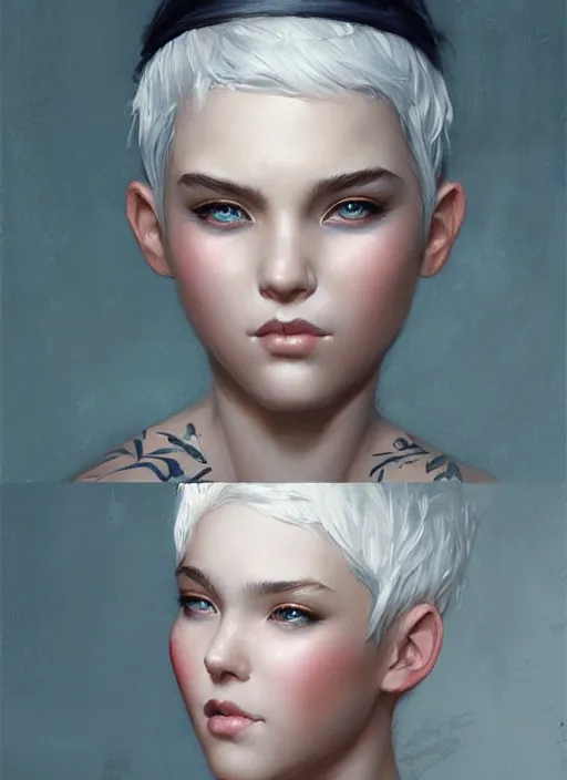 Image similar to girl with short white hair, beautiful highly detailed face, beautiful painting by artgerm and greg rutkowski and raymond swanland