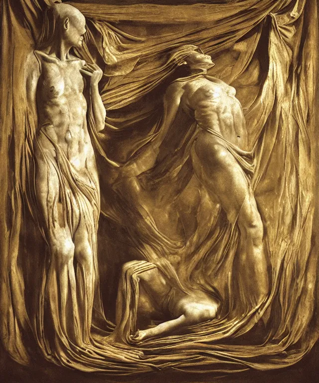 Prompt: The room without doors and windows with beautiful full-body wax sculpture of the glowing woman with visible golden bones inside her in the singularity where stars becoming baroque folds of dark matter by Michelangelo da Caravaggio, Nicola Samori, William Blake, Alex Grey and Beksinski, dramatic volumetric lighting, detailed oil painting, 8k, masterpiece