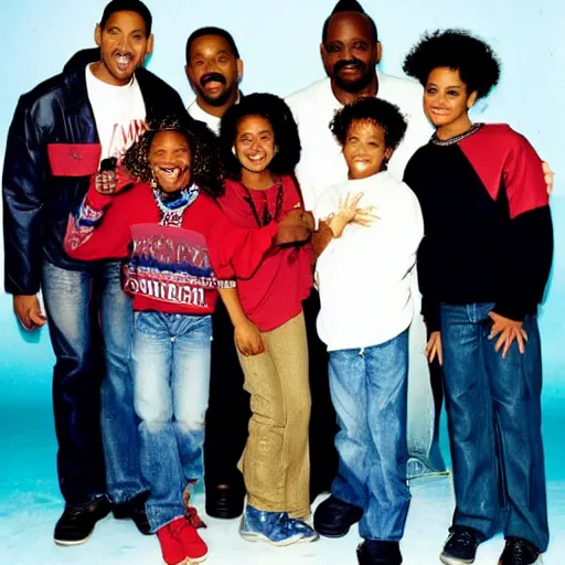 Image similar to will smith, alfonso ribeiro, james avery, karyn parsons, tatyana ali, joseph marcel, dj jazzy jeff, 1 9 9 0, publicity photo